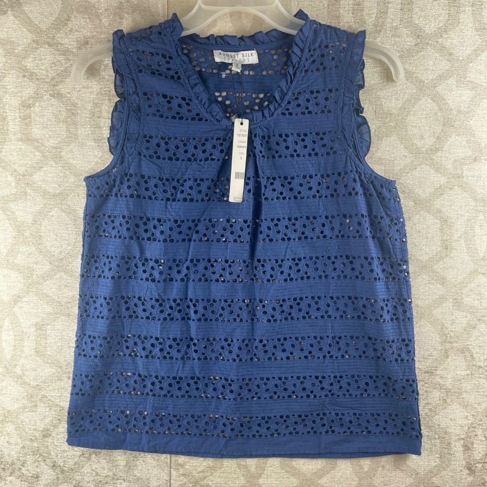 August Silk Options Top Womens Small Navy Blue Eyelet Ruffle V-Neck Cotton NWT